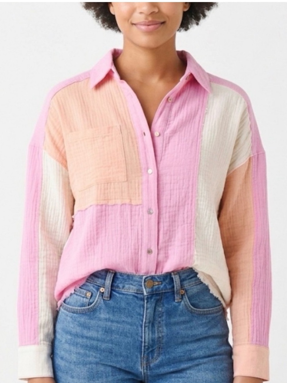 Women's Pink, Peach & Cream Colorblock Gauze Button-Down Shirt